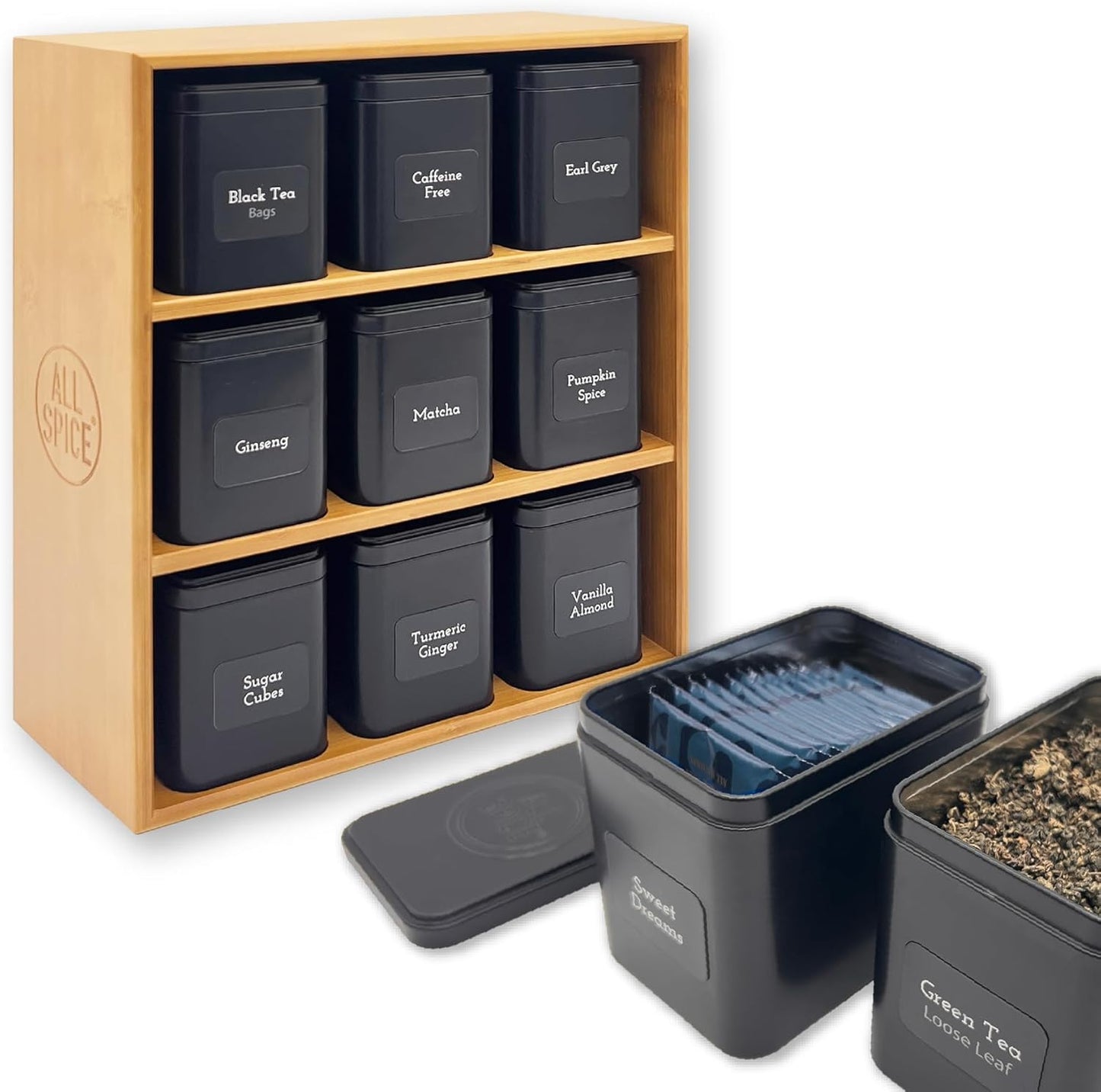 AllSpice Tea Organizer Rack with 9 Tins & 160 Magnetic Labels – Perfect for Bagged & Loose Leaf Tea Organization - Bamboo
