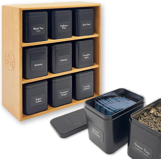 AllSpice Tea Organizer Rack with 9 Tins & 160 Magnetic Labels – Perfect for Bagged & Loose Leaf Tea Organization - Bamboo