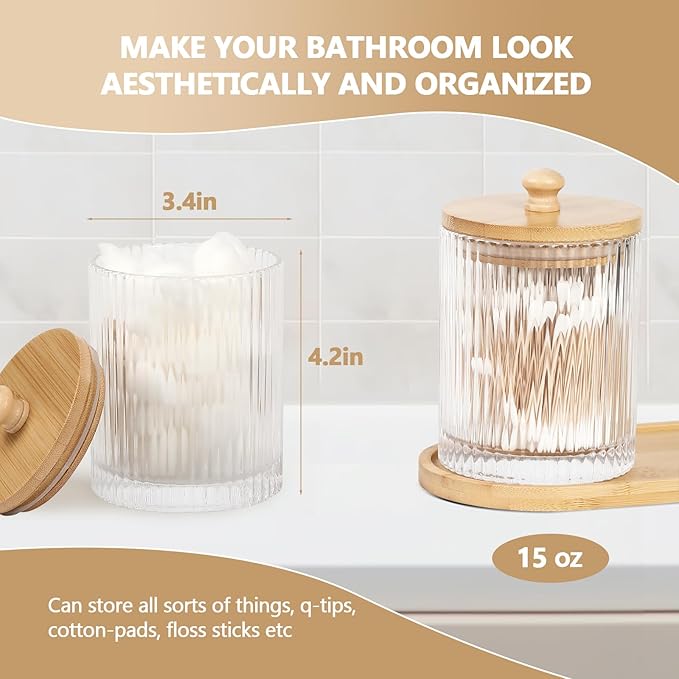 3 Pack Qtip Holder - Bathroom Organizers and Storage, Cotton Round Holder Floss Pick Cotton Ball Holder Swab Dispenser Set with Tray, Glass Apothecary Jars with Lids, -sw clear y