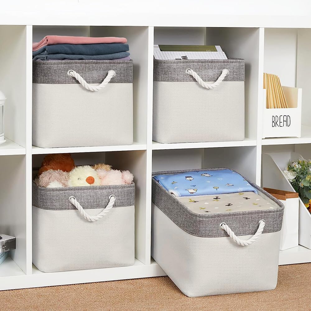 Organization and Storage Basket for Organizing - Large 4 Pack 16x12x8 inch Fabric Storage Cube Collapsible Baskets for Shelves, Storage Bins for Cloth Books (Grey & White)