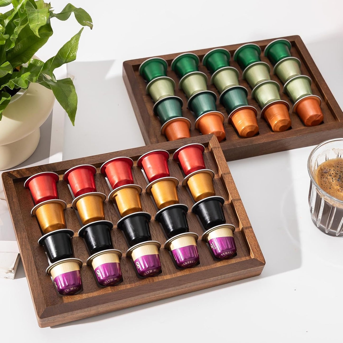 2 PCS Acacia Wood Coffee Pod Holder Tray Compatible with Nespresso Original Line, Organizer, Storage, Container, Capsule Cup Holder for Countertop or Drawer, Total 40 Pods Capacity