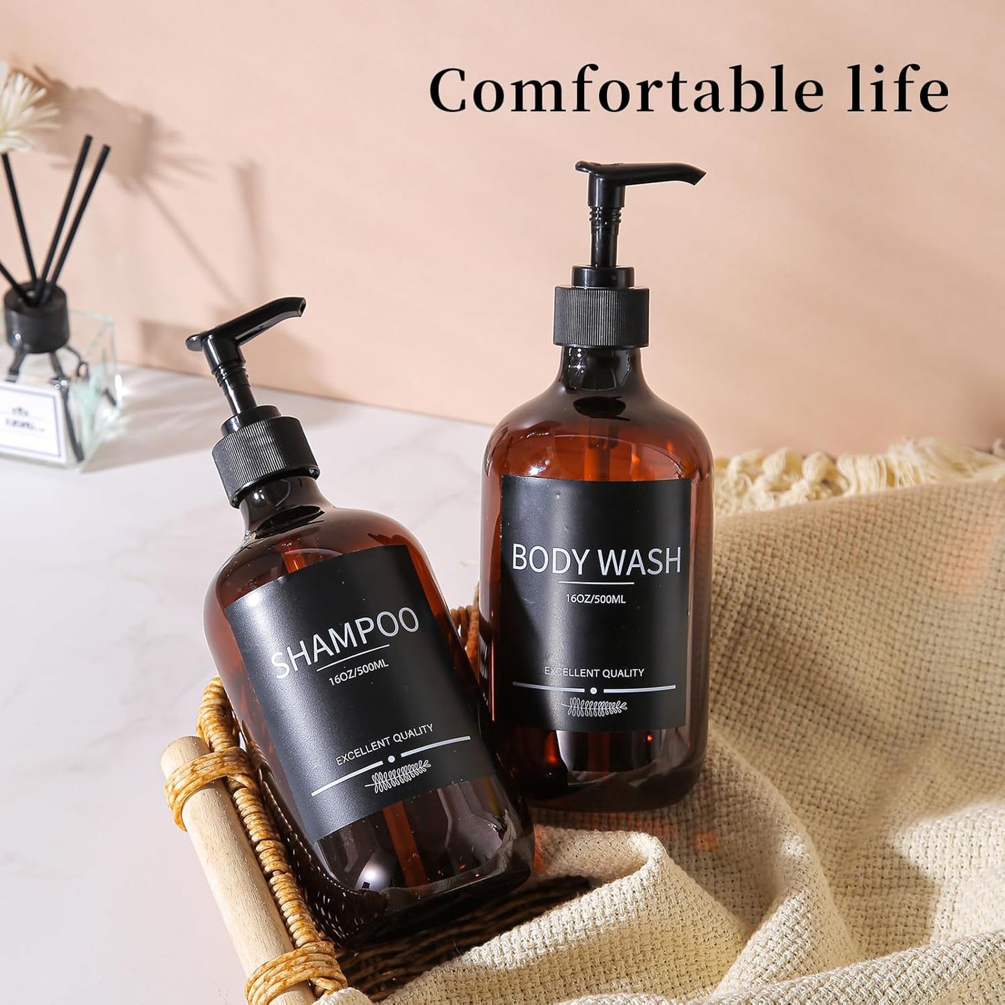 5Pack Amber Shower Bottles Refillable with Labels,16.9oz(500ml) Reusable Shampoo and Conditioner Bottles,Shampoo Dispenser Bottles