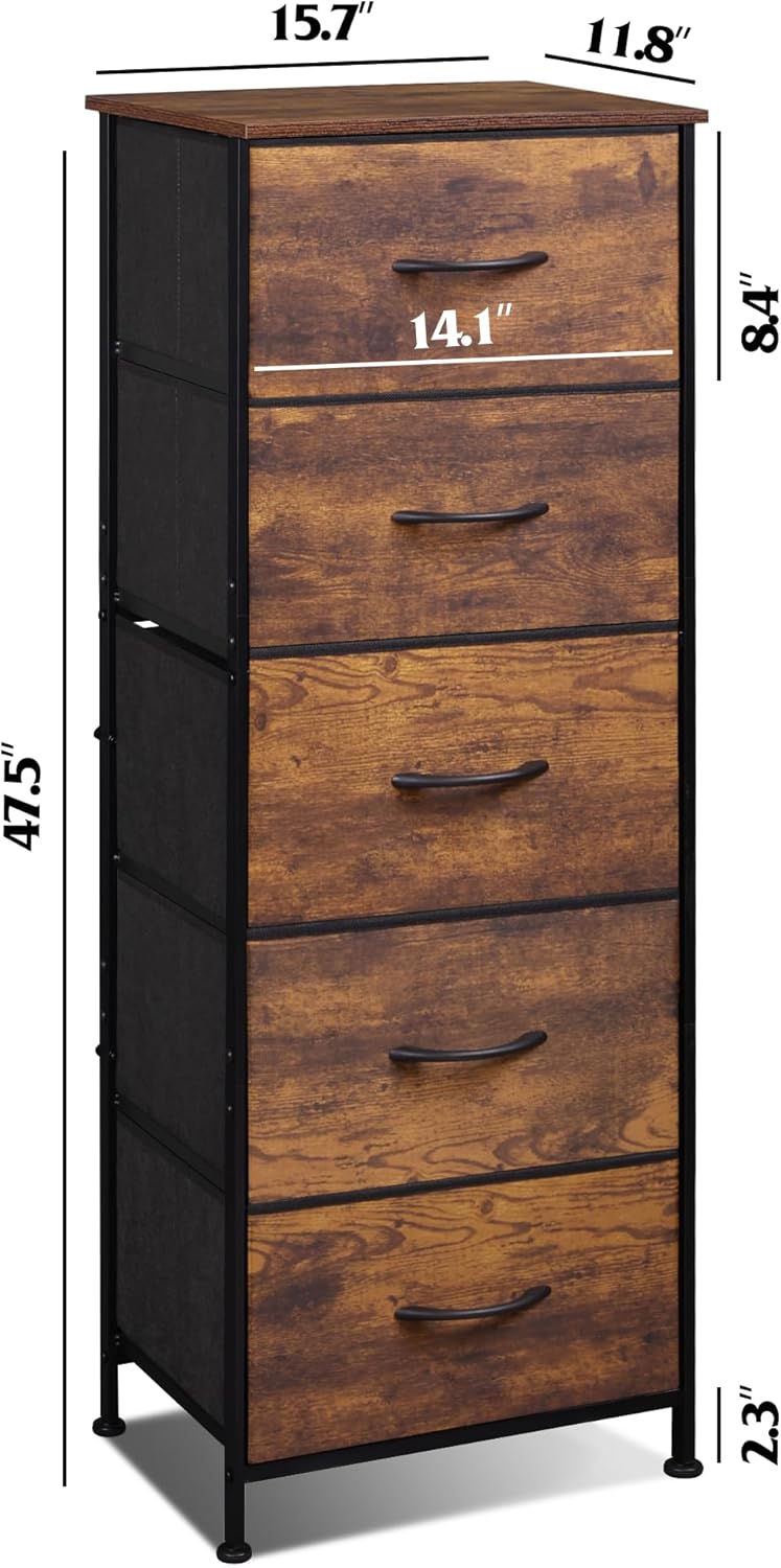 WLIVE Fabric Dresser, 5-Drawer Tall Dresser for Bedroom, Storage Organizer with Fabric Bins, Wood Top, Sturdy Steel Frame, Chest of Drawers for Closet, Hallway, Rustic Brown Wood Grain Print