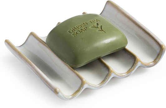 Soap Dish with Self Drain Fluted Design, Bar Soap Holder for Bathroom, Japanese Soap Tray for Shower, Bathroom and Kitchen Sink Organizer, Ceramic Soap Saver, White