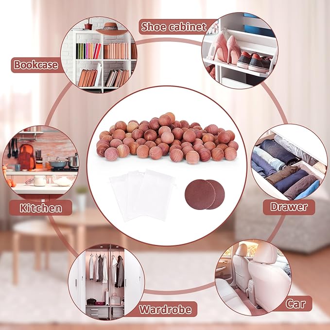 Woodever 110 Pack Cedar Balls for Clothes Storage, for Wardrobes and Drawers, 100% Natural Aromatic Cedar Wood Balls, with Sandpaper and Sachets