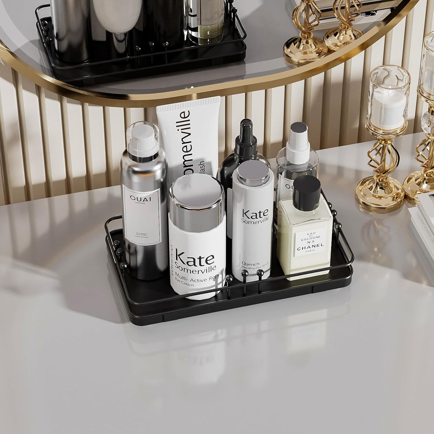 Bathroom Vanity Tray for Toiletries Makeup Perfume Candle Toilet Tank, Kitchen Tray for Soap Dispenser Spice Salt, Small Black Tray for Countertop Decor Coffee Nightstand 7.9”x4.4”