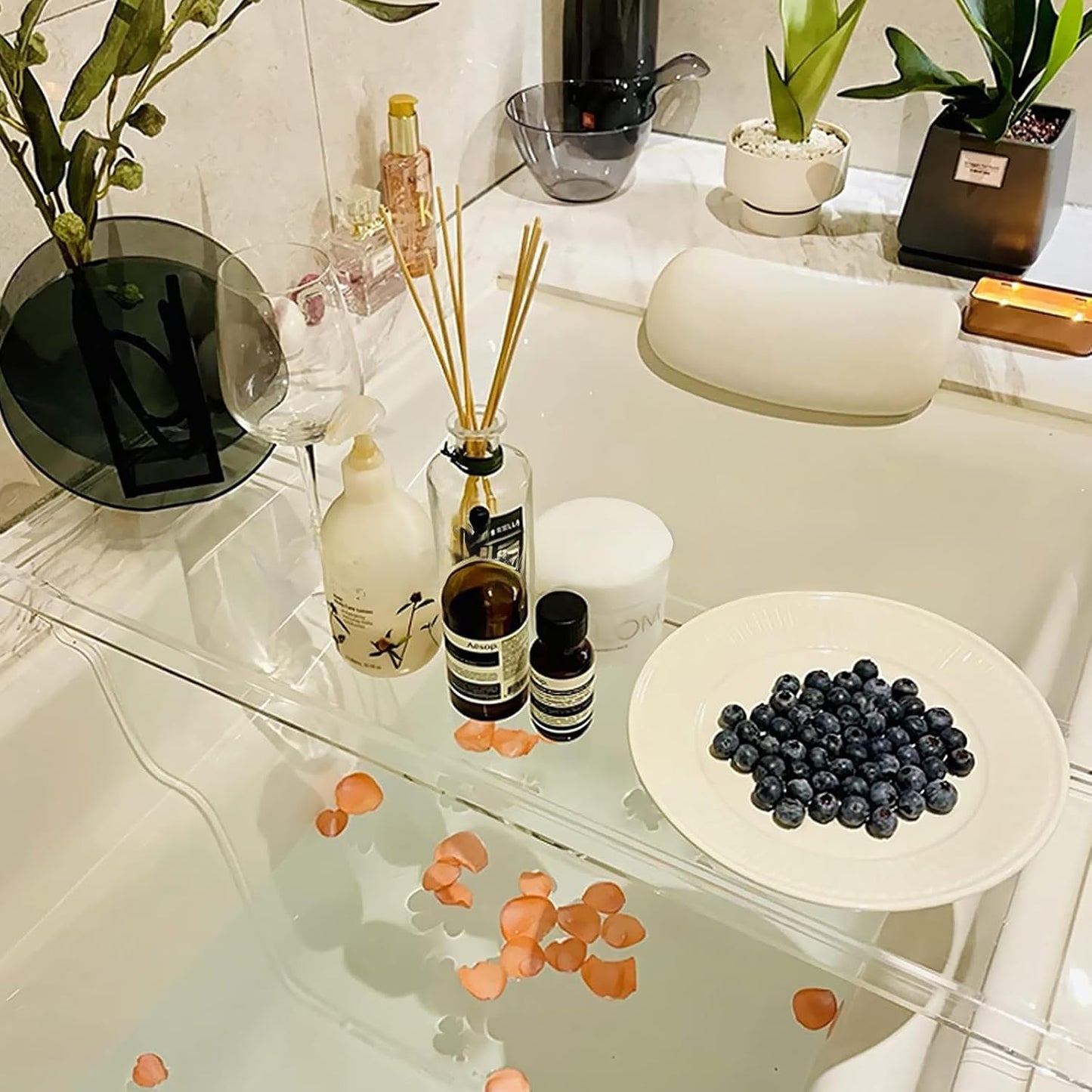 Acrylic Bathtub Tray, 32.28in Clear Bath Caddy, Bathroom Caddy Tray for Bathtub, Acrylic Bathtub Tub for Holds Soap, Towels, Paper Towels, Candles, Body wash, Shampoo, Plants