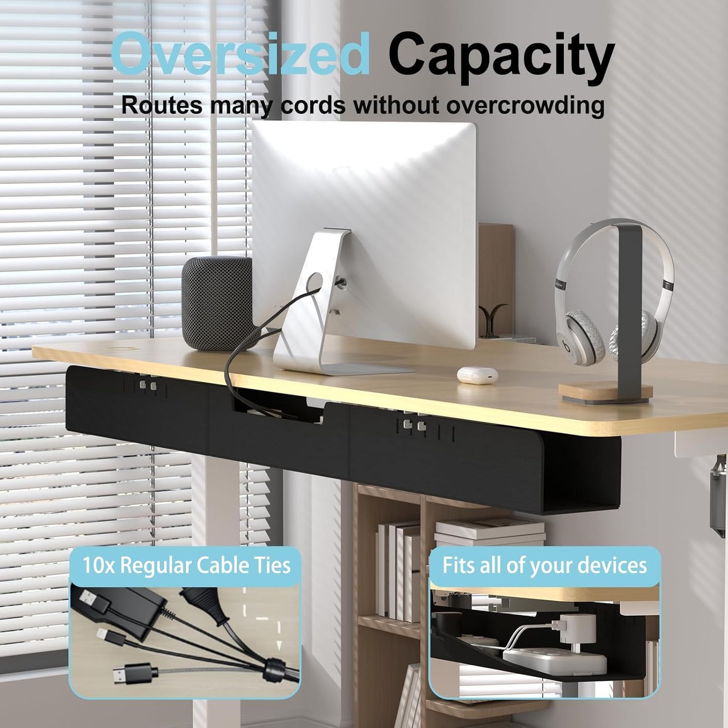 Under Desk Cable Management,Standing Desk Wire Management,47.2" Felt Cord Organizer Tray for Office, Home, Self-Adhesive Or Bracket Mount Cable Holder,Black