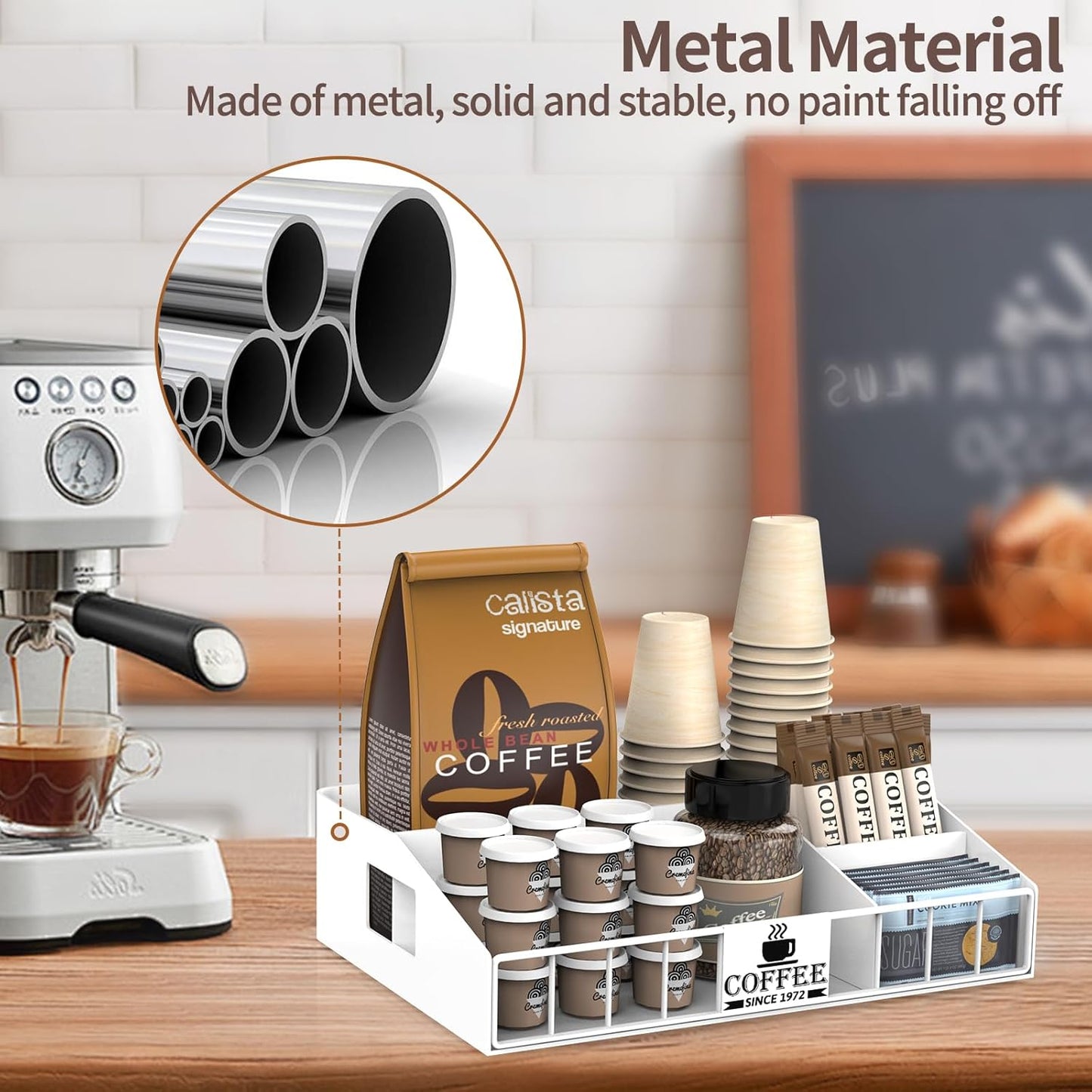 Metal Coffee Station Organizer for Countertop - Coffee Bar Organizer with Designable DIY Logo, K Cup Pods Holder & Tea Condiment Storage - Rustic Breakroom Kitchen Decor in White （1 Pcs）