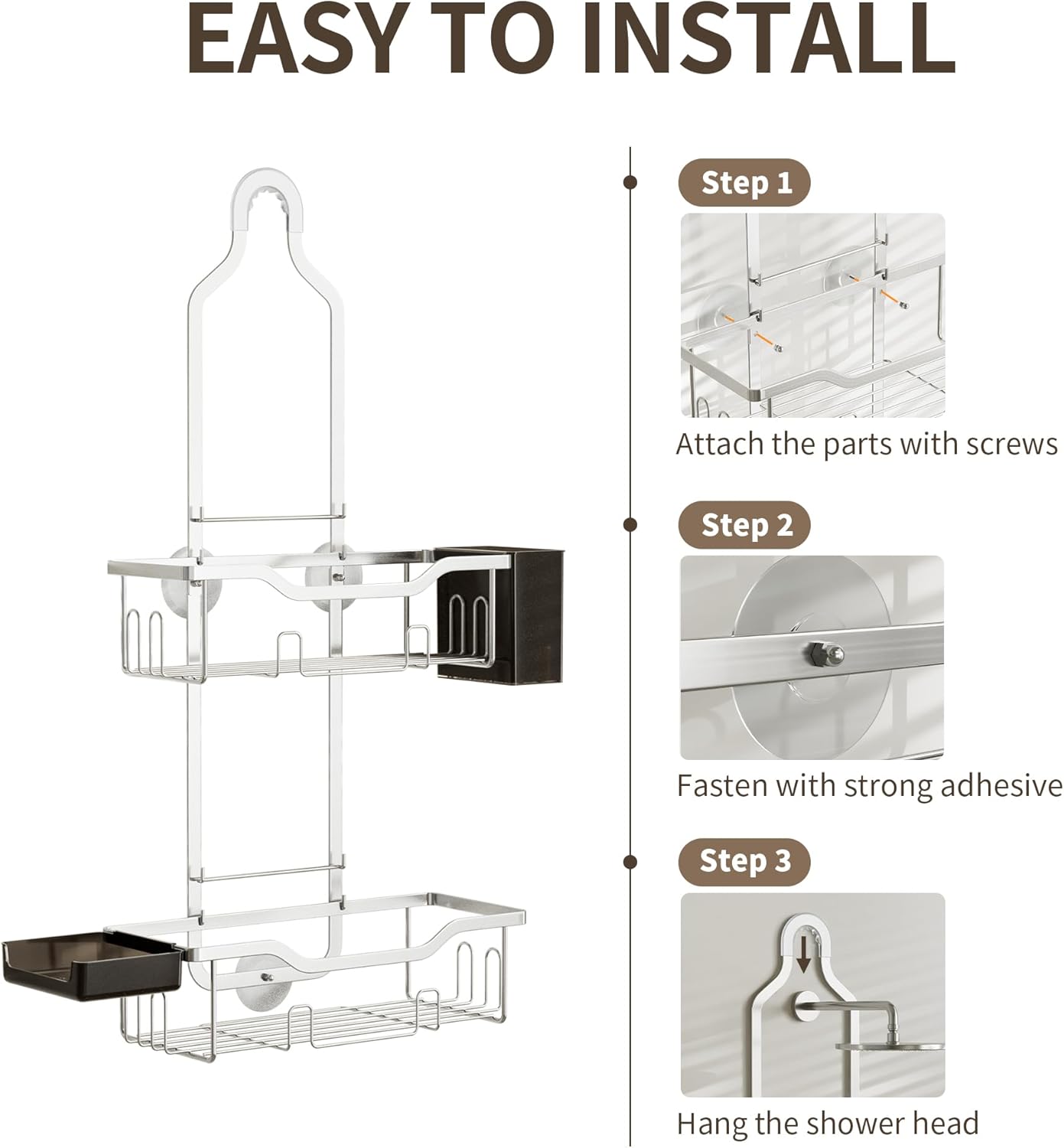 Shower Caddy Hanging 2-Tier Bathroom Organizer for Tall Showerhead with Soap Dish and Toothbrush Holder,Rustproof Over Shower Head Rack,Silver