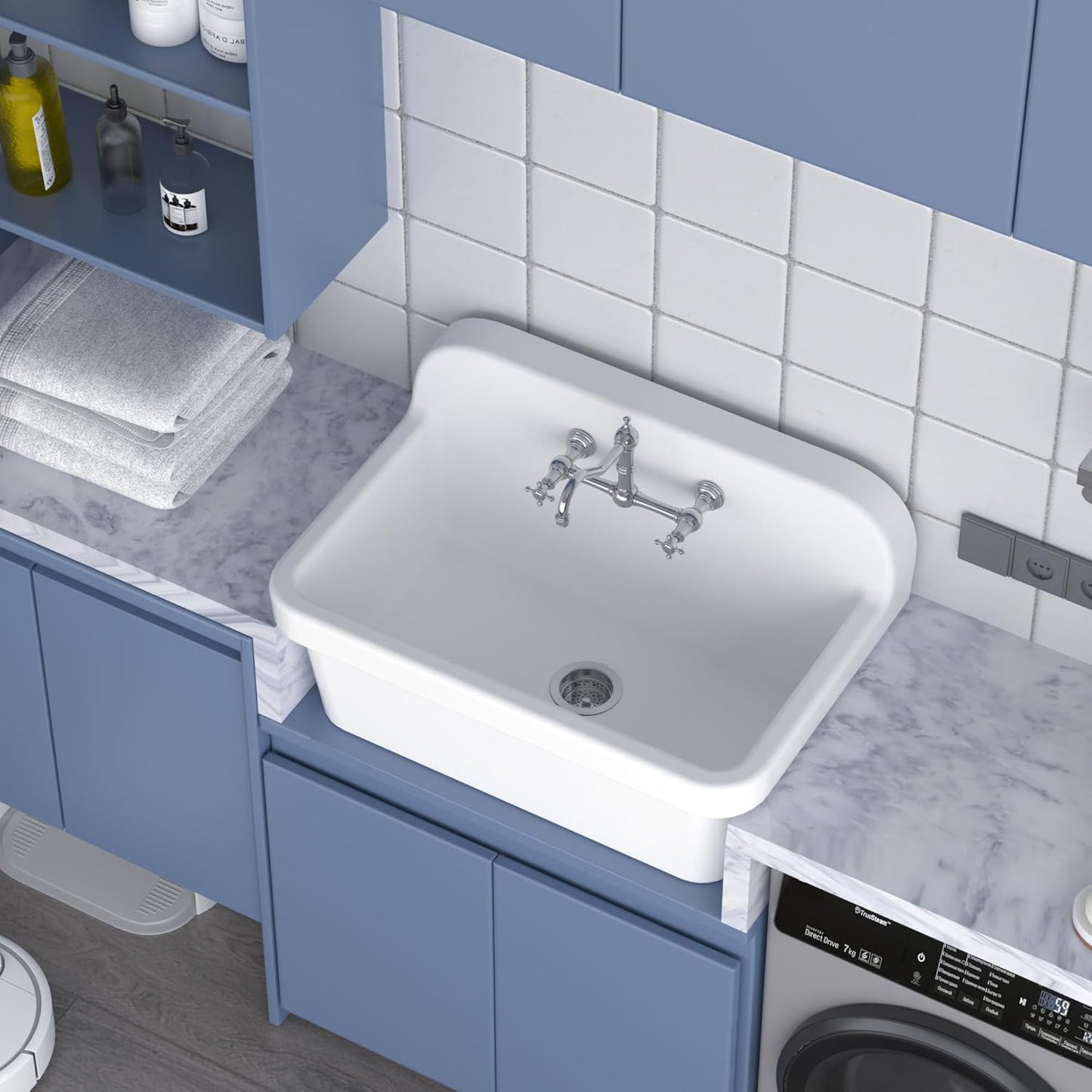 LUCKWIND 30 Inch Wall-Mounted Ceramic Utility Sink, White Farmhouse Sink for Laundry, Bathroom, Kitchen, Garage – Large Capacity, High Back Design