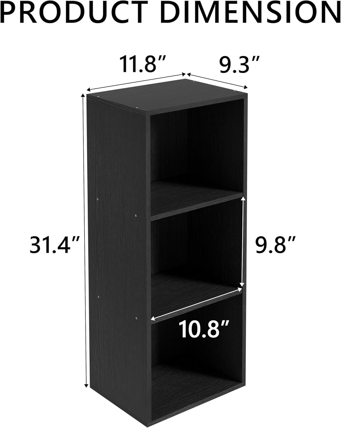 Wooden 3 Cube Storage Organizer, 3 Tier Storage Cubes Storage Display Cubby, Versatile Cubes Shelf and Cubby Organizer for Any Space (Black, 3 Cube-W(11.8inch)