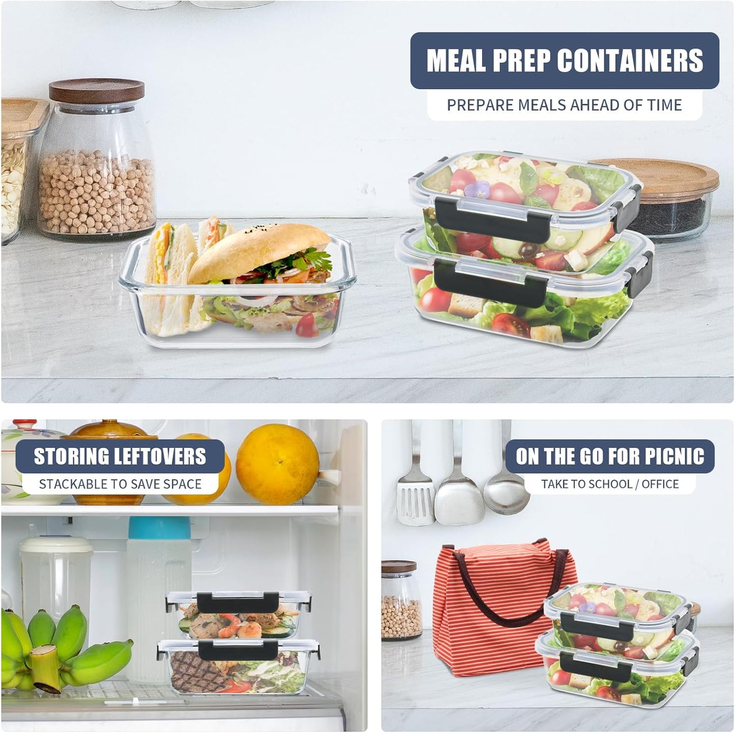 6 Pack Glass Meal Prep Containers, Food Storage Containers, Airtight Bento Boxes with Leak Proof Lids, Freezer to Microwave Safe