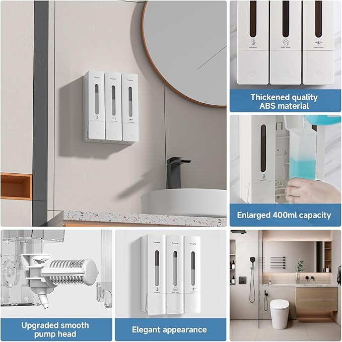 1984 Shower Soap Dispenser Bathroom Set Shampoo Conditioner Body Wash Dispenser Wall Mounted Shower Shampoo Dispenser 3 Chamber No Drill for Home Star Hotel 3 x 400ml Beige