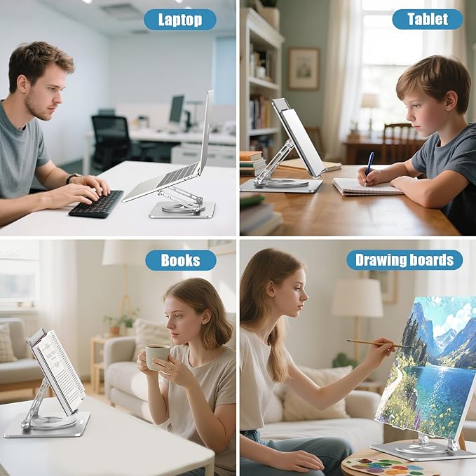 360° Swivel Laptop Stand - 2.5mm Heavy-Duty Aerospace Aluminum, Adjustable Height & Angle, Sturdy Yet Lightweight，Ergonomic Desk Mount for 10-17" MacBook/Dell/HP,Silver