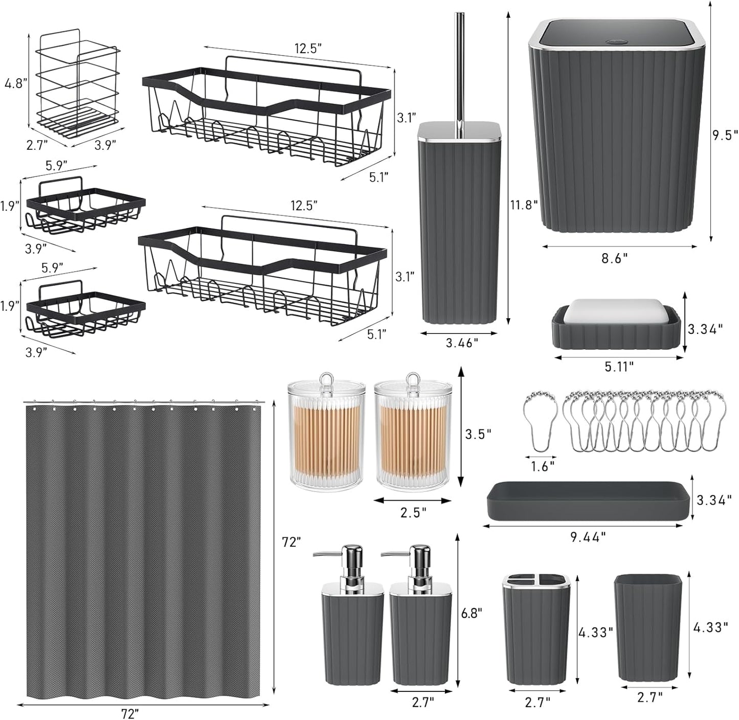 28PC Bathroom Accessories Set - Gorgeous Grey Bathroom Set with Shower Caddy and Shower Curtain, Bathroom Accessory Set, Trash Can & Soap Dispenser