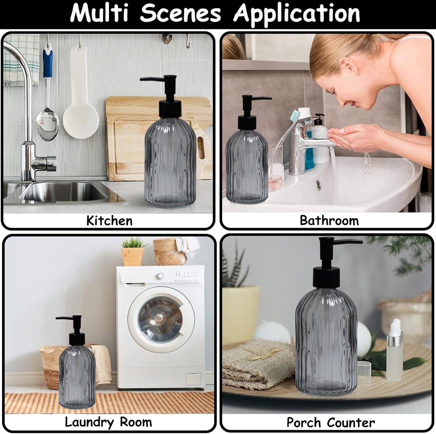 Gray Glass Soap Dispenser Set with Black Pump, 13.5oz Refillable Liquid Hand Soap Dispenser, Lotion Dish Soap Dispenser for Modern Home Decor, Bathroom, Kitchen Countertop, Hotel(2 Pack)