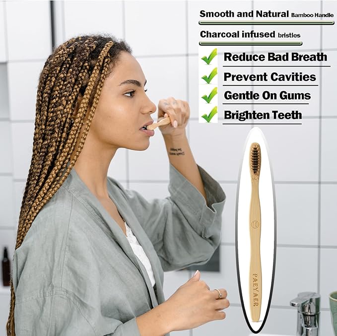 10 Count Bamboo Toothbrush (Soft+Medium) Charcoal Toothbrushes, Natural Wood Toothbrush, Reusable Travel Toothbrushes