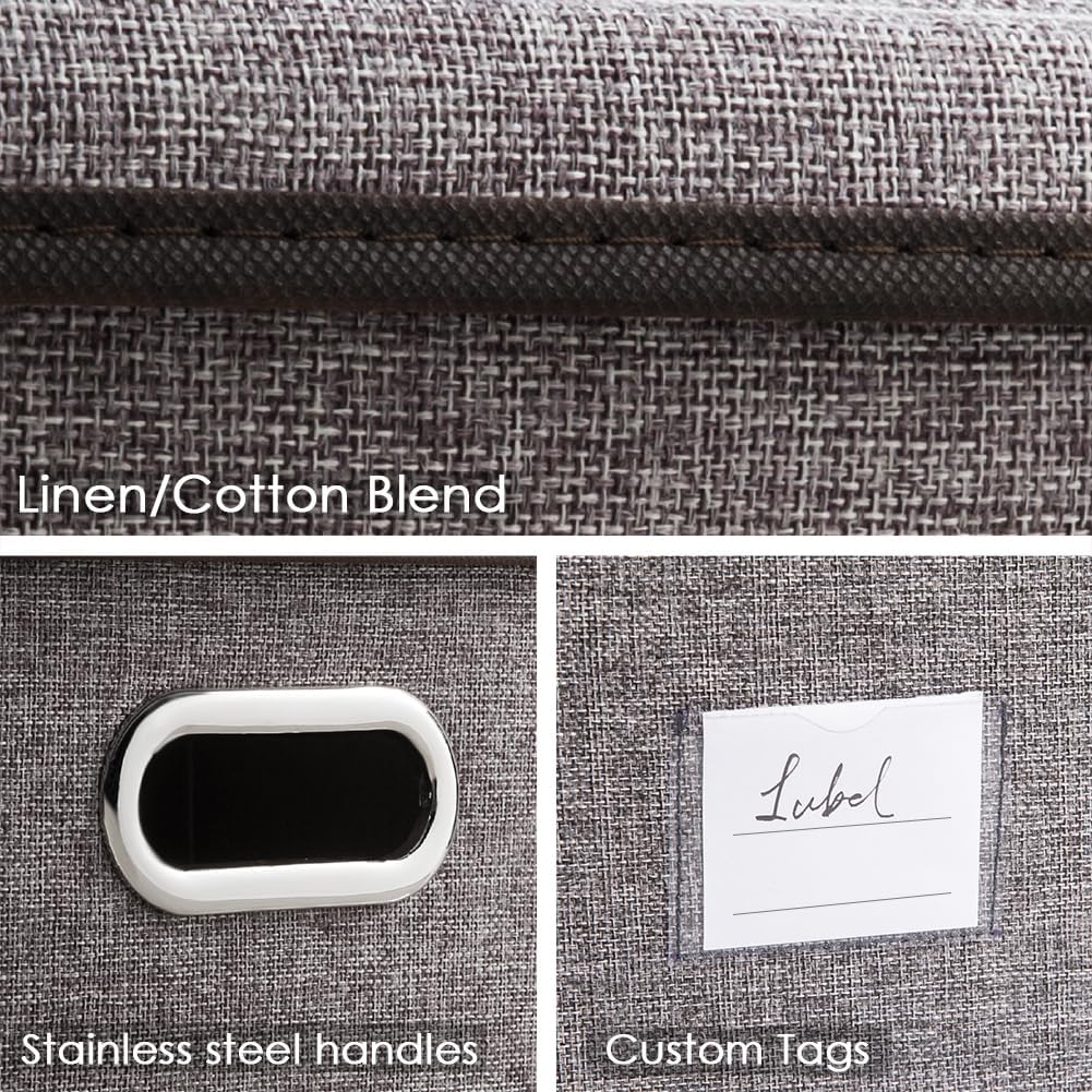 PRANDOM Storage Bins with Lids [3-Pack] Linen Fabric Foldable Storage Boxes Organizer Containers Baskets Cube with Cover for Home Bedroom Closet Office Nursery Grey（11.4X8.6X6.7
