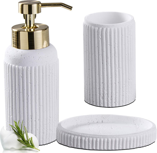 White Travertine Textures Bathroom Accessories Set 3 Pcs for Countertop - Toothbrush Holder Cup, Foaming Soap Dispenser, Soap Dish - Modern Resin Bathroom Décor Accessory Set for Housewarming Gift