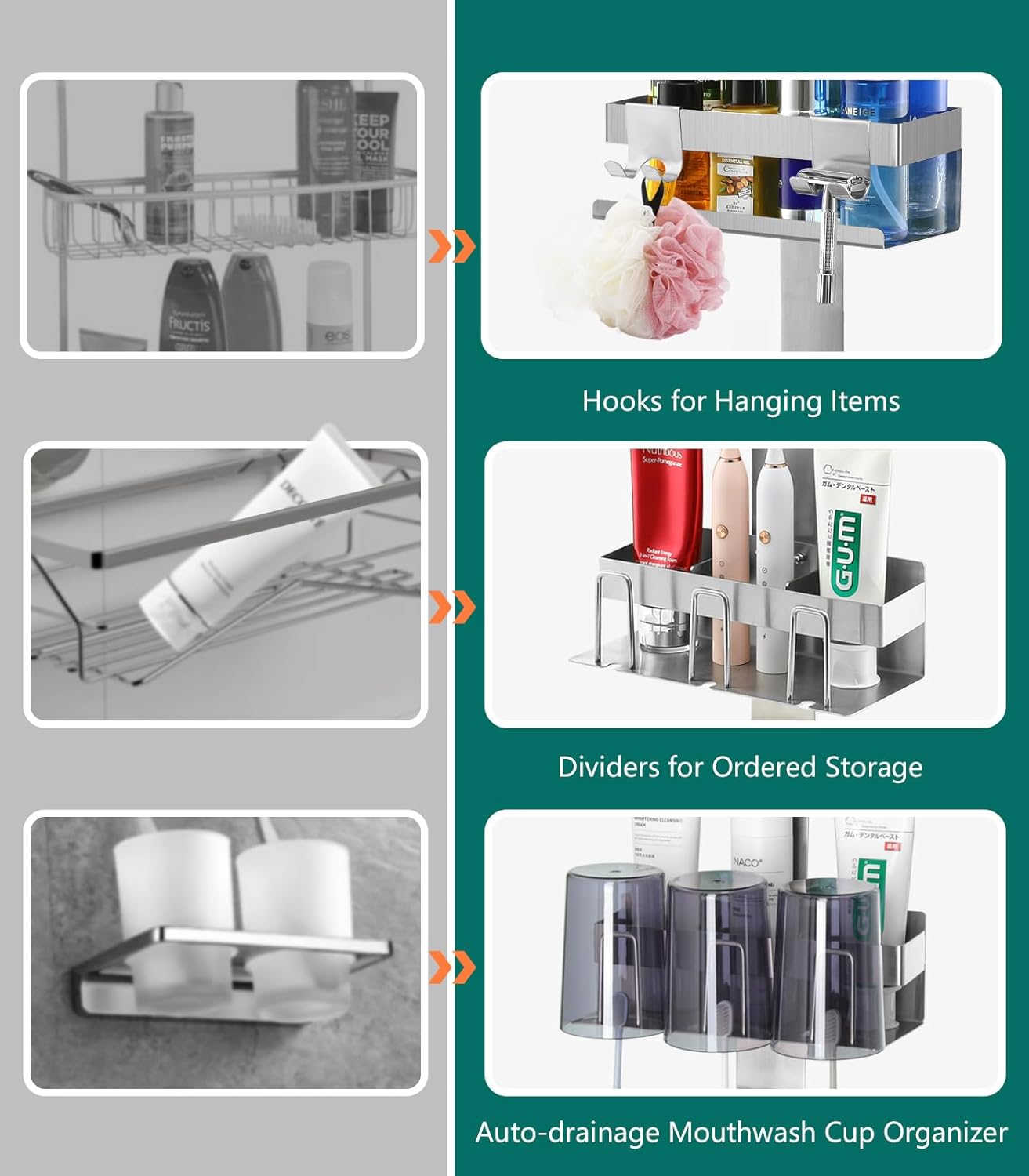 Emibele Over The Door Shower Caddy 2 Tier, 304 Stainless Steel Hanging Shower Caddy Rustproof Shower Shelves, No Drilling Hanging Shower Organizer for Bathroom Glass Door, Silver