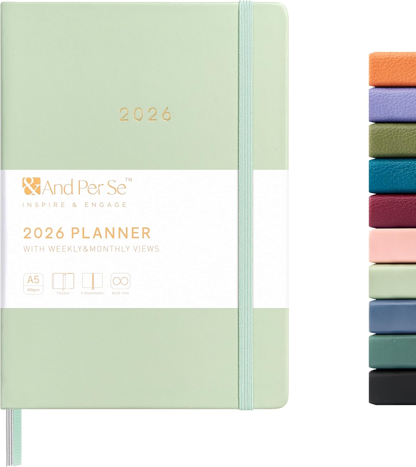 And Per Se 2026 Planner-Daily, Weekly & Monthly Leather Hardcover Planner, 5.7" x 8", Daily Schedule, Monthly Tabs, 100 GSM Thick Paper, Back Pocket(Mint)