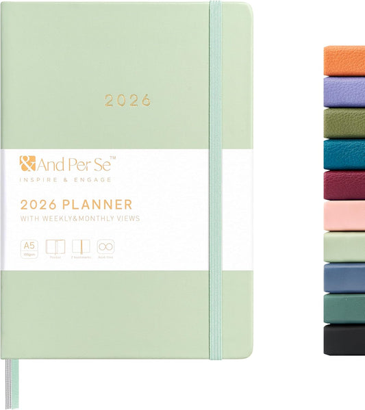 And Per Se 2026 Planner-Daily, Weekly & Monthly Leather Hardcover Planner, 5.7" x 8", Daily Schedule, Monthly Tabs, 100 GSM Thick Paper, Back Pocket(Mint)