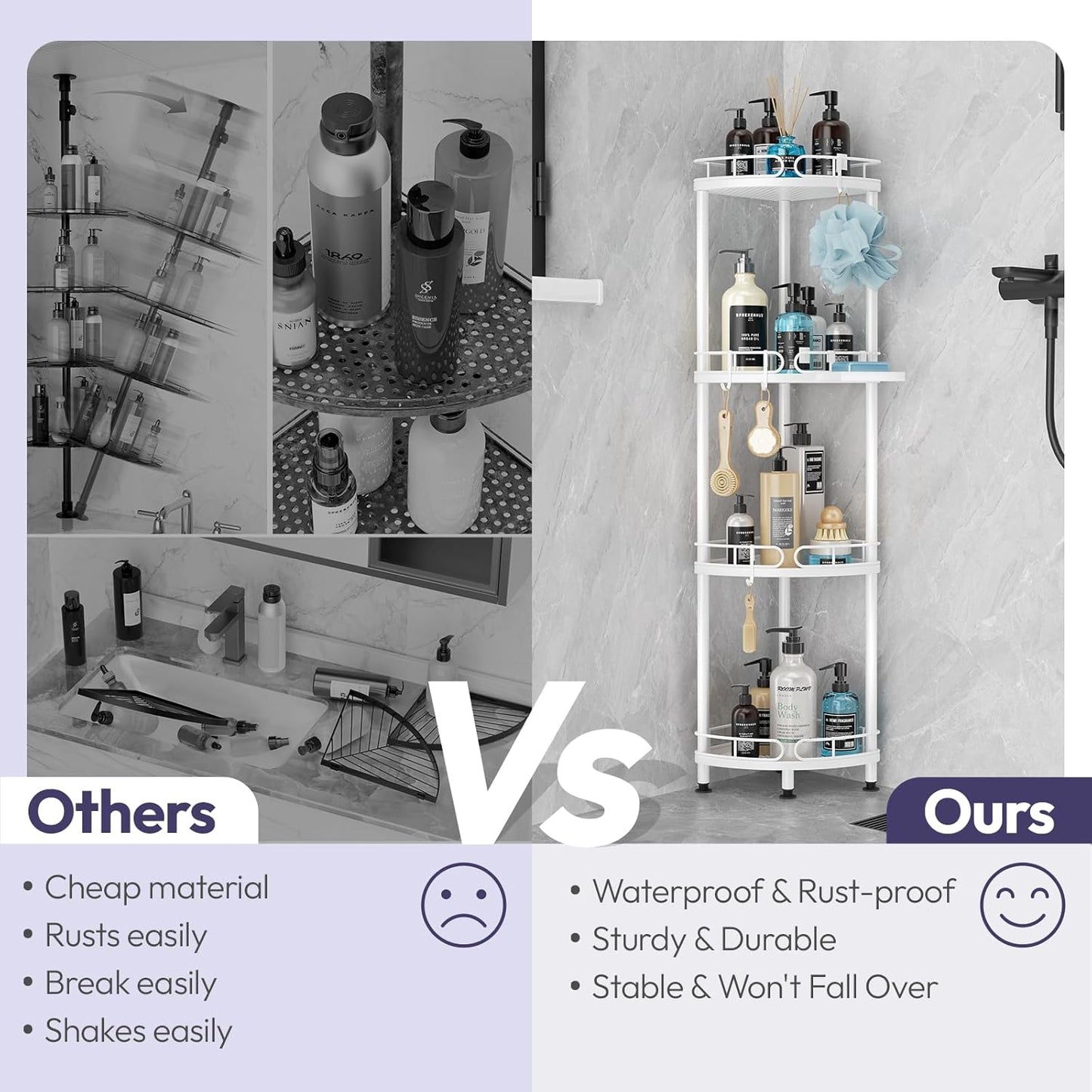 SWTYMIKI Corner Shower Caddy Standing - 4 Tier Stainless Steel Shower Organizer Stand with 4 Hooks & Soap Holder, Rustproof Metal Standing Tall Floor Shower Shelf and Bathroom Organizer, White