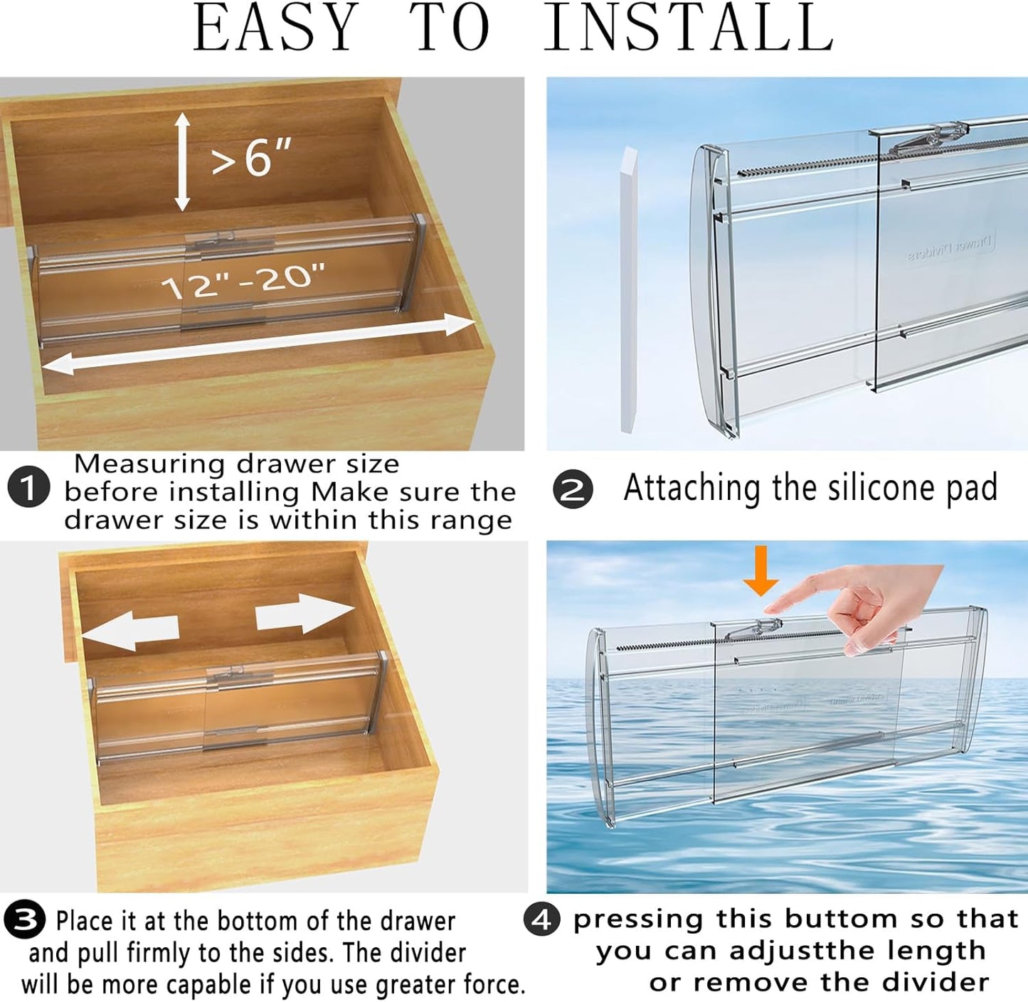 3 Pack Adjustable Drawer Dividers for Clothes,6" High Expandable From 12-20" Clear Drawer Organizers, PC Plastic Separators for Dresser/Bedroom/Bathroom/Kitchen/Office Storage