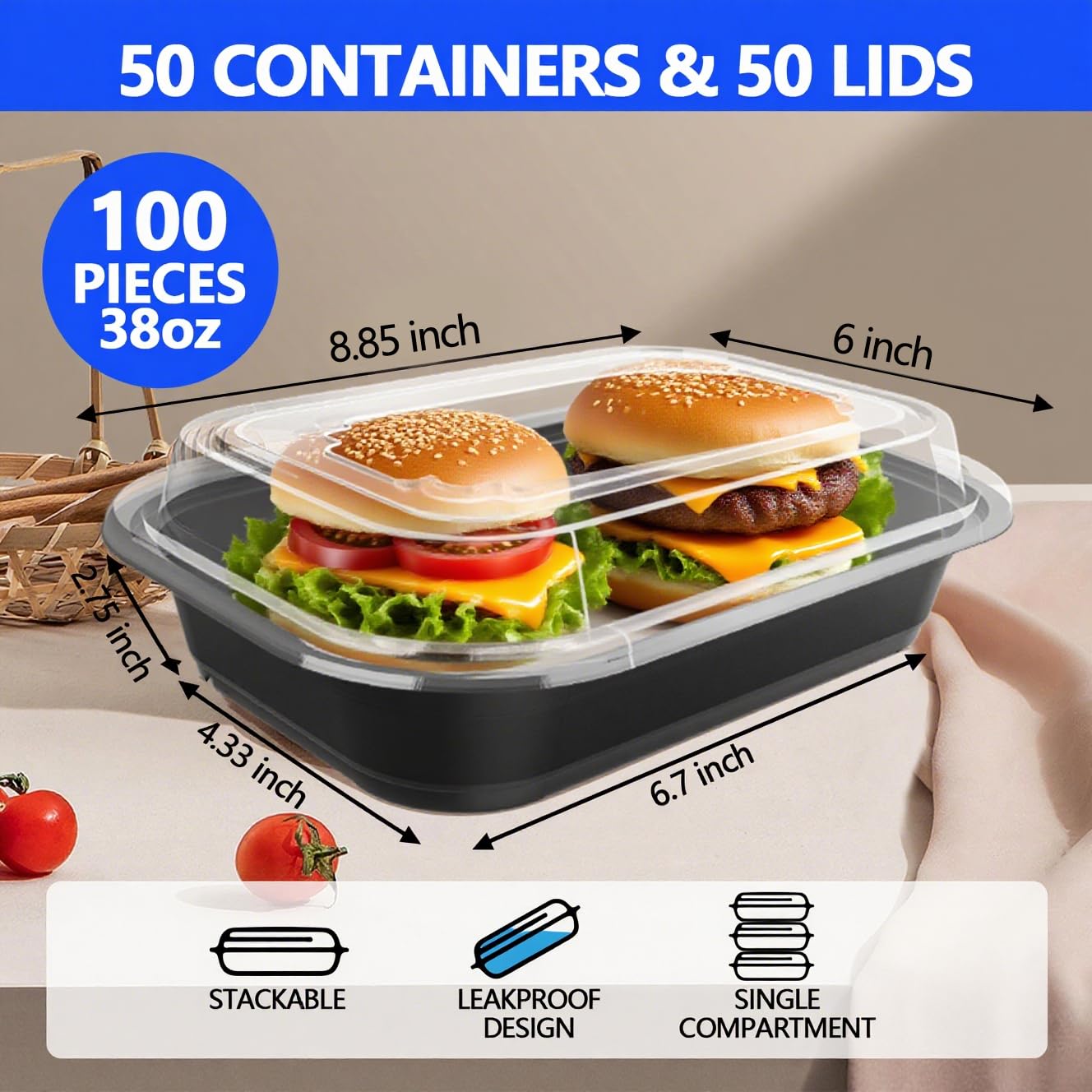 50 Pack (100-Piece) - 38oz Meal Prep Containers Salad & Snack Storage for Lunch | BPA Free & Leakproof Food Containers | To Go Take Out Plastic Bento Box | Microwave, Freezer, Dishwasher Safe