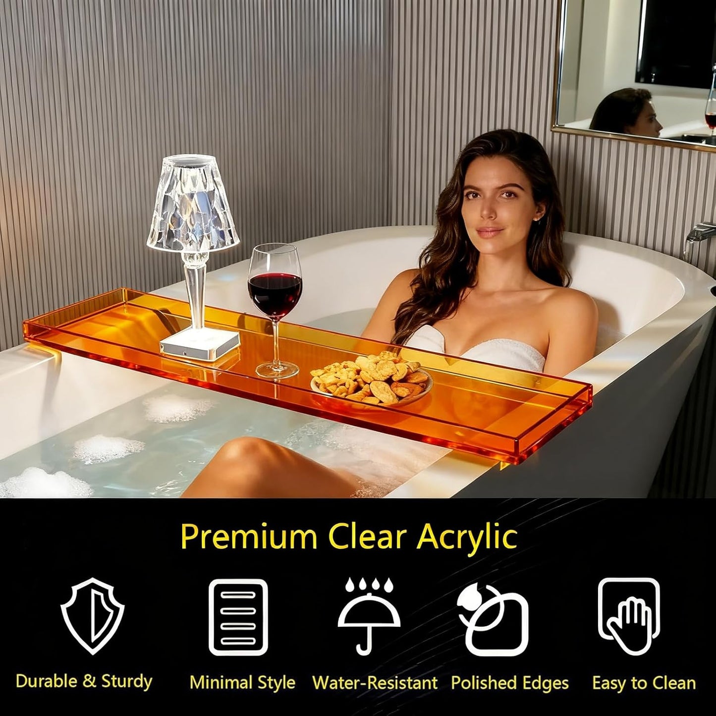 Bathtub Tray Table, Clear Acrylic, Anti-Slip Bath Caddy, (Amber, L29.9 x W7.87 x H1.18)