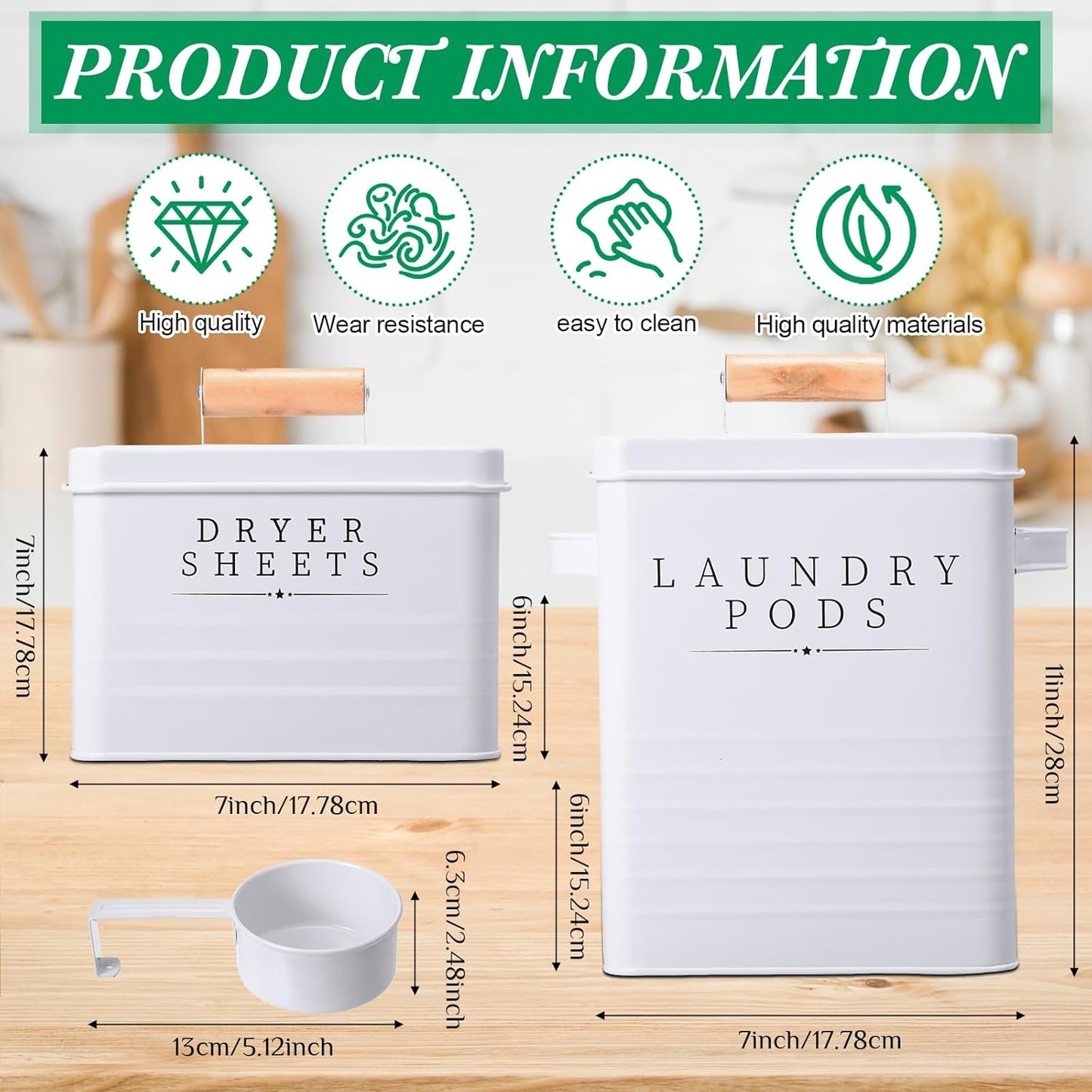2 Pcs Laundry Pod Container with Dryer Sheet Holder Farmhouse Laundry Room Decor Organization and Storage Detergent Container Box with Lid Handle Metal Dryer Sheet Dispenser(White)