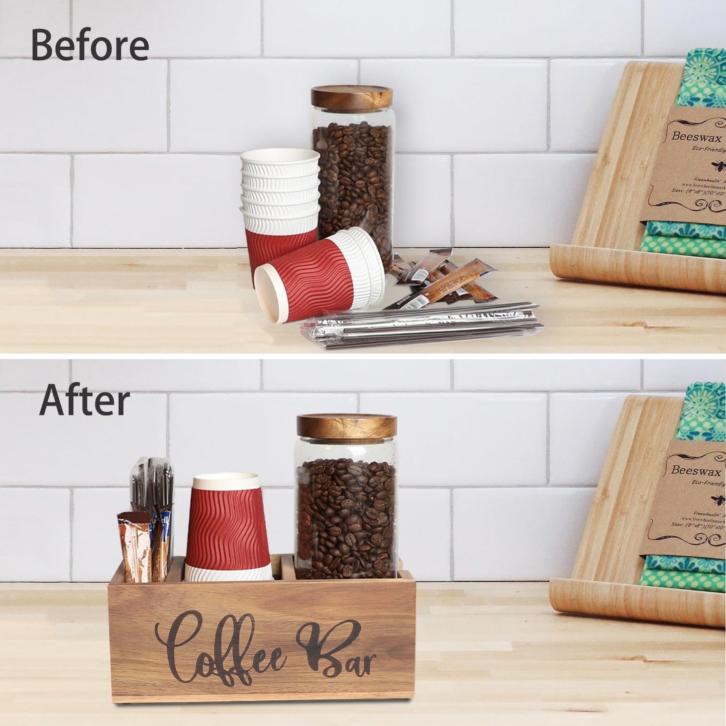 Acacia Wood Station Organizer,Coffee Station Organizer for Cup Lid Stirrers Pod, Disposable Coffee Cup Holder, Farmhouse Accessories Decor, Brown Labeled Coffee Bar