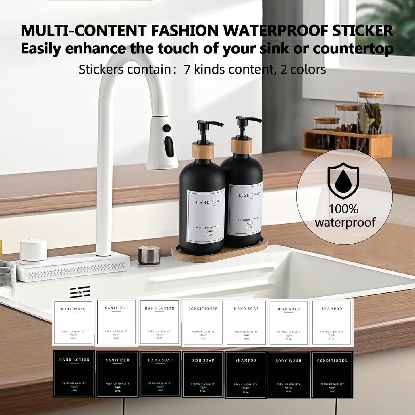 Black Glass Soap Dispenser - Hand Dish Soap Dispenser Set for Kitchen with Sturdy Pump and Tray, 14 Waterproof Labels, Bathroom Refillable Soap Lotion Dispenser-Black