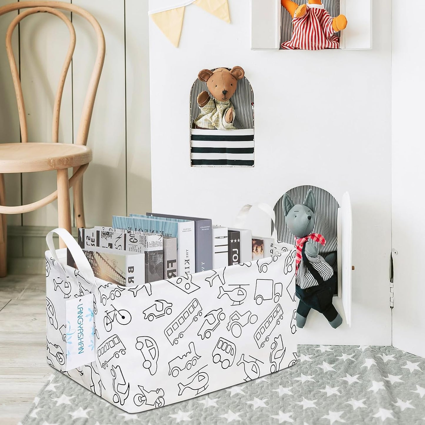 LANGYASHAN Rectangular Storage Bin Collapse Canvas Fabric Cartoon Storage Basket with Handles for Organizing Home Kitchen Boys and Girls Toys Office Closet Shelf Baskets (Rec Vehicle)