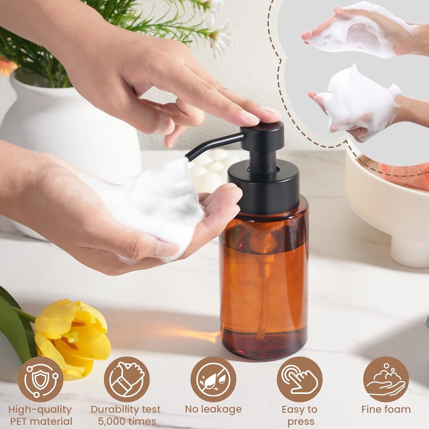 6 Pack 10 OZ Glass Foaming Soap Dispenser for Bathroom & Kitchen Foaming Hand Soap Dispenser with Labels Dispenser for Liquid Soap,Shampoo,Body Wash,Dish Soap,Amber