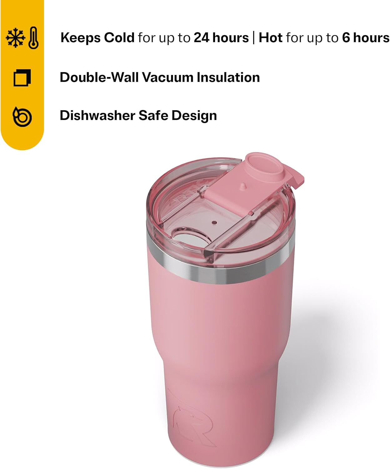 RTIC 20oz Essential Tumbler with Lid, Ceramic Lined, Insulated, Stainless Steel, Metal, Double Wall Vacuum-Insulation, Travel Cup for Iced Coffee, Tea, Hot and Cold Drink, Dusty Rose