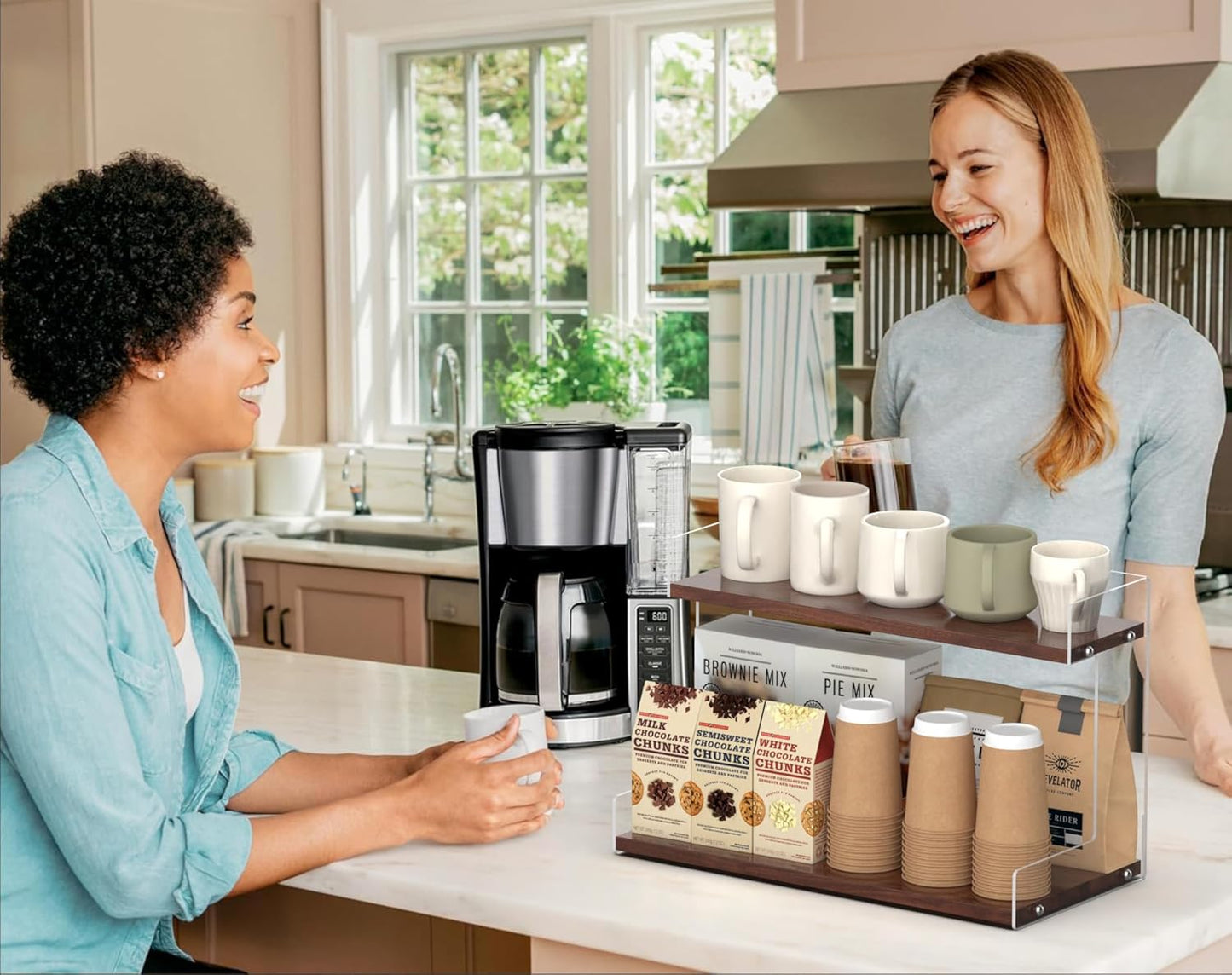 2 Tier Acrylic Coffee Station Organizer Countertop, Kitchen Counter Holder for Tea Bags Mugs Cups Syrup Sugar Spice, Condiment Storage Rack, Multifunctional Shelf Organizer for Coffee Bar Accessories