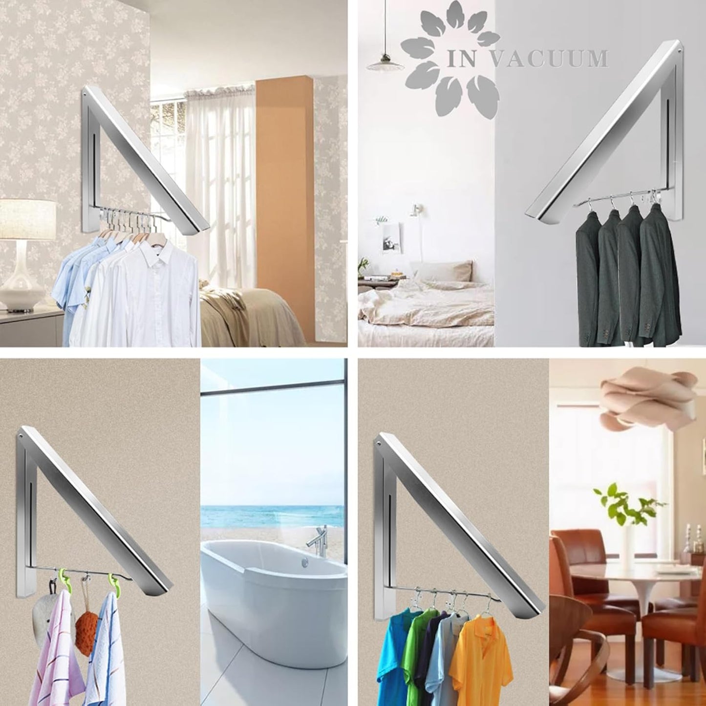 IN VACUUM Drying Racks for Laundry Foldable, Retractable Clothes Folding Indoor, Aluminium, Home Storage Organizer Wall Hanger for Clothes (1 Racks, Silver)