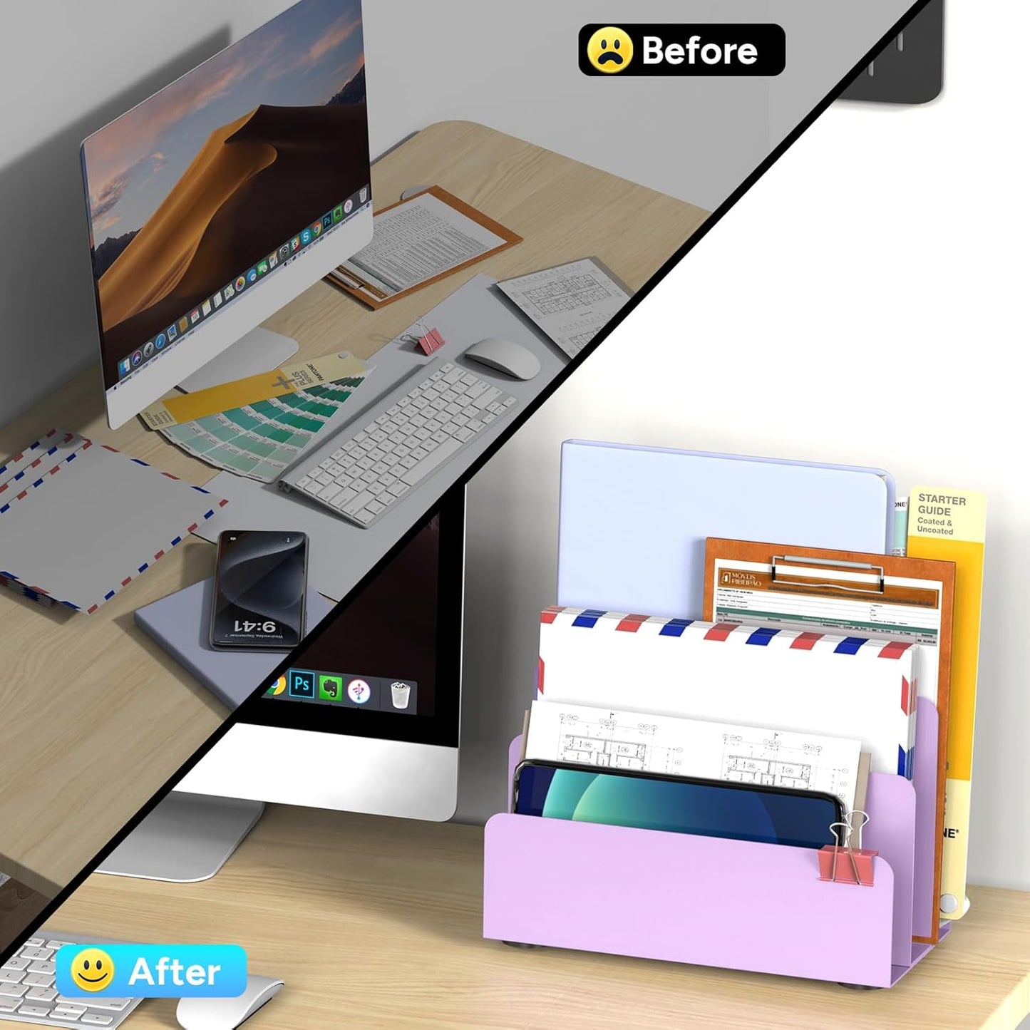 Mail Organizer Countertop, Small Desk File Organizer, Metal File Holder - Essential Workspace Organizers for Office Desk, Home Office (Purple)