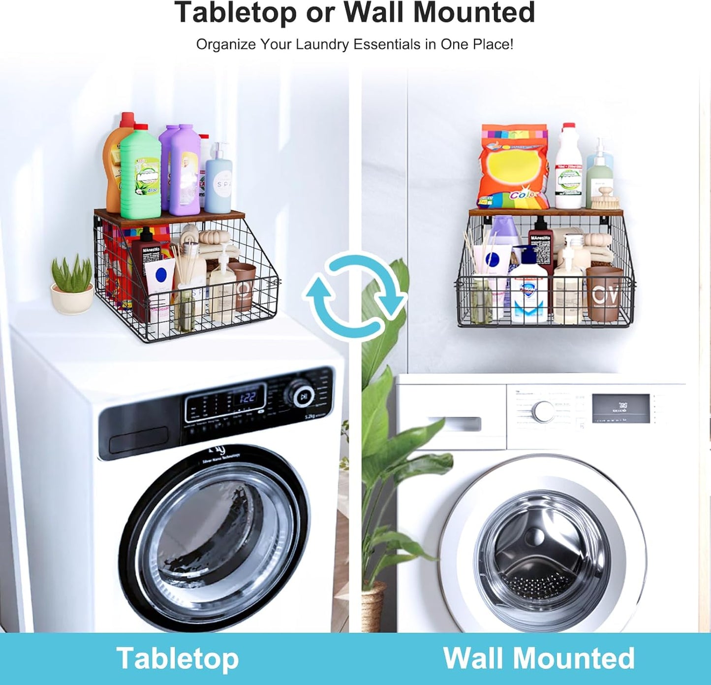 Laundry Room Shelves Wall Mounted with Storage Basket - Farmhouse Stackable Wire Wall Shelves Organizer for Towels, Detergent, Tissues | Space-Saving Over Washer & Dryer(11.8" Wx12 Dx8.5 H)