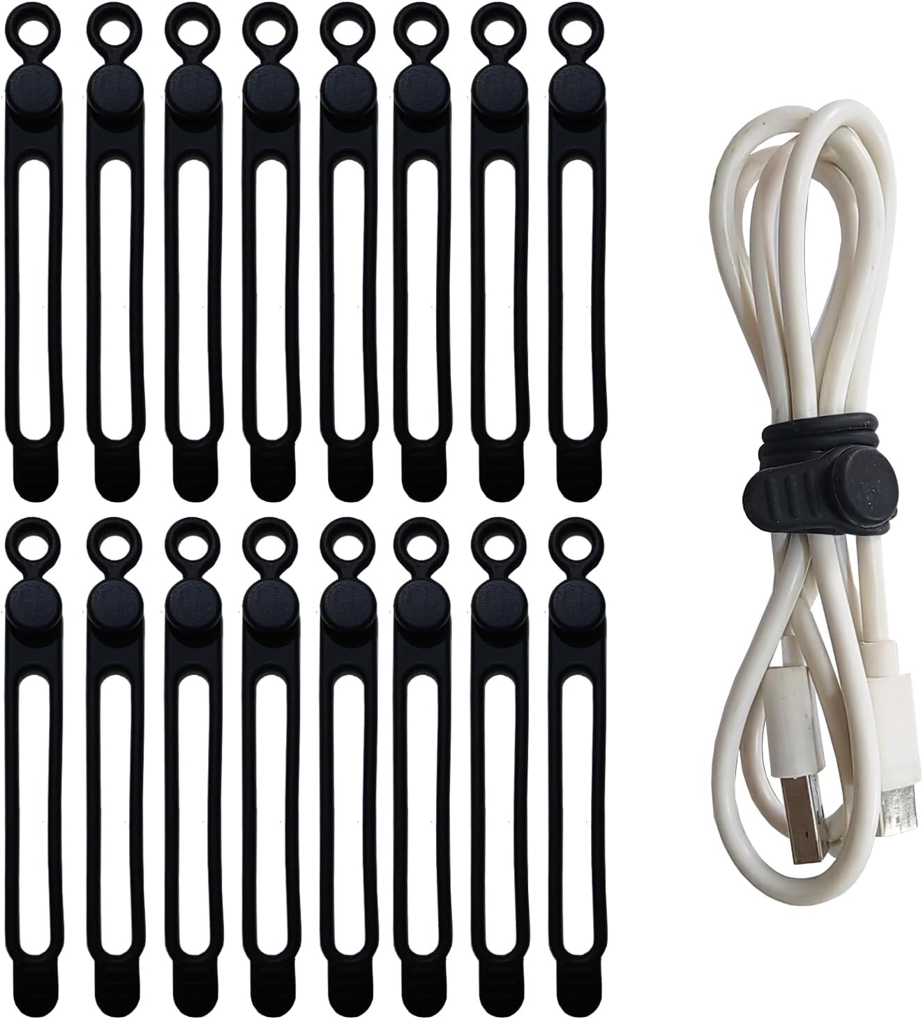 16Pcs Silicone Cable Ties - Reusable Rubber Cable Straps, Organizer for Bundling and Fastening Cords Wires (16Pcs-Black, 4.2Inch)