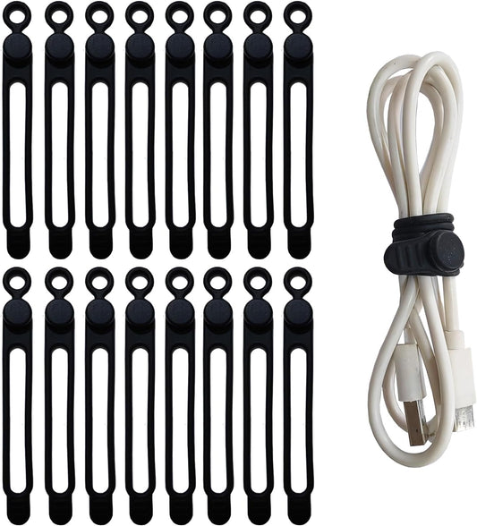 16Pcs Silicone Cable Ties - Reusable Rubber Cable Straps, Organizer for Bundling and Fastening Cords Wires (16Pcs-Black, 4.2Inch)