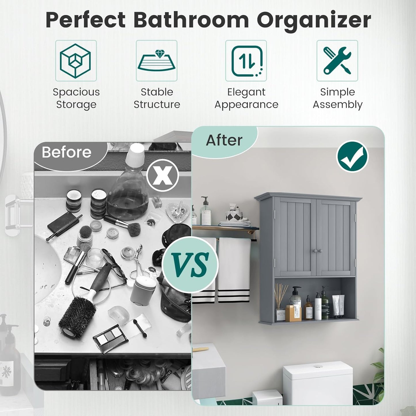 Giantex Medicine Cabinets, Wall Mounted Bathroom Cabinet with Adjustable Shelf, 2-Door, Bathroom Storage Cabinet Over The Toilet, Living Room, Kitchen, Laundry Room, Cupboard (Gray)