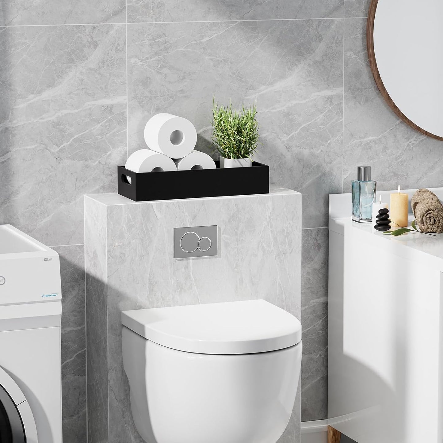 VITVITI Bamboo Toilet Paper Holder Storage, Bamboo Tray for Bathroom with Handle, Toilet Tissue Holder Organizer Basket Container for Toilet Tank/Kitchen Counter, Natural, Black