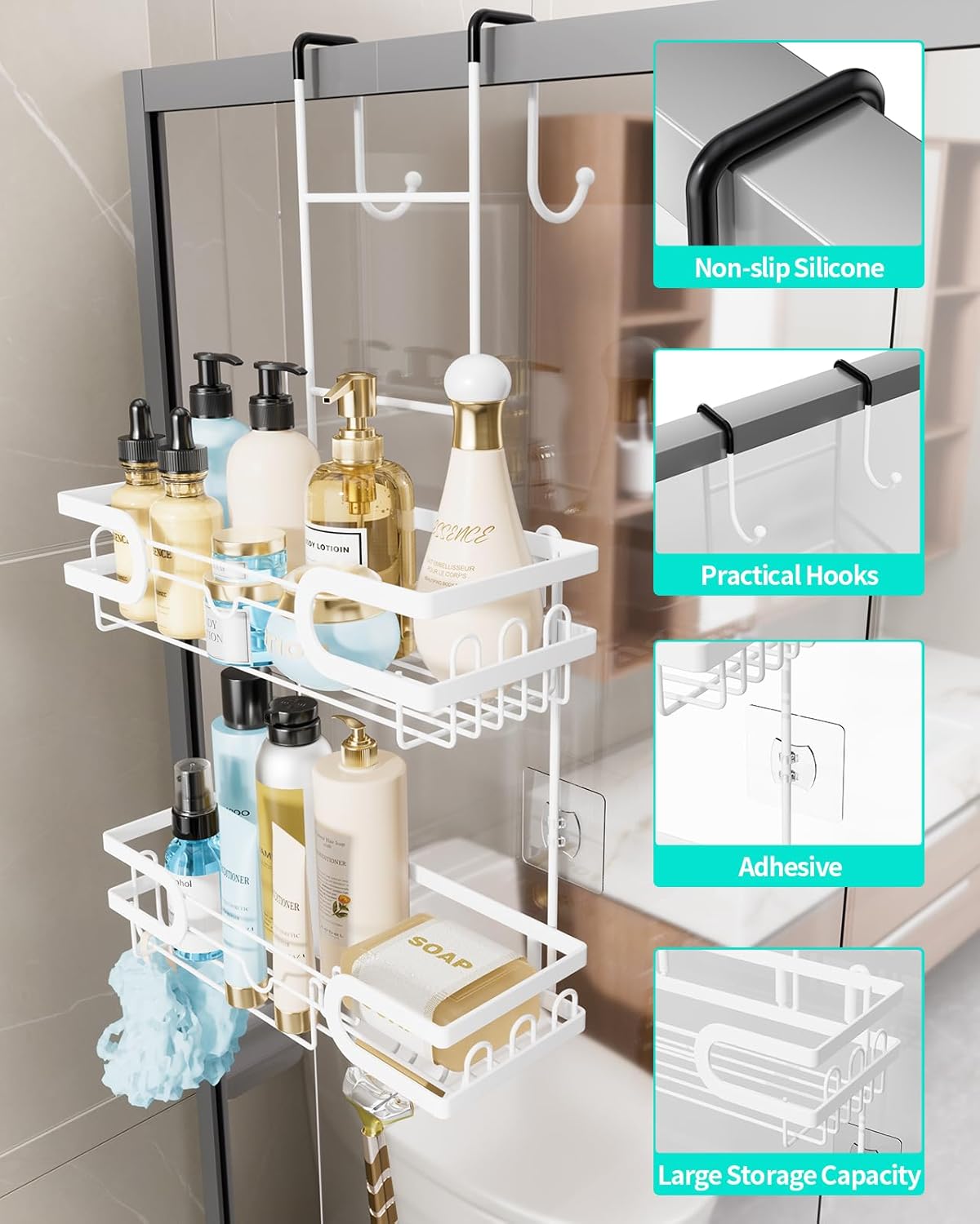 HapiRm Shower Caddy Over Door- Hanging Shower Organizer with 14 Hooks and Soap Holder, Rustproof & Waterproof Stainless Steel Bathroom Shelf - White