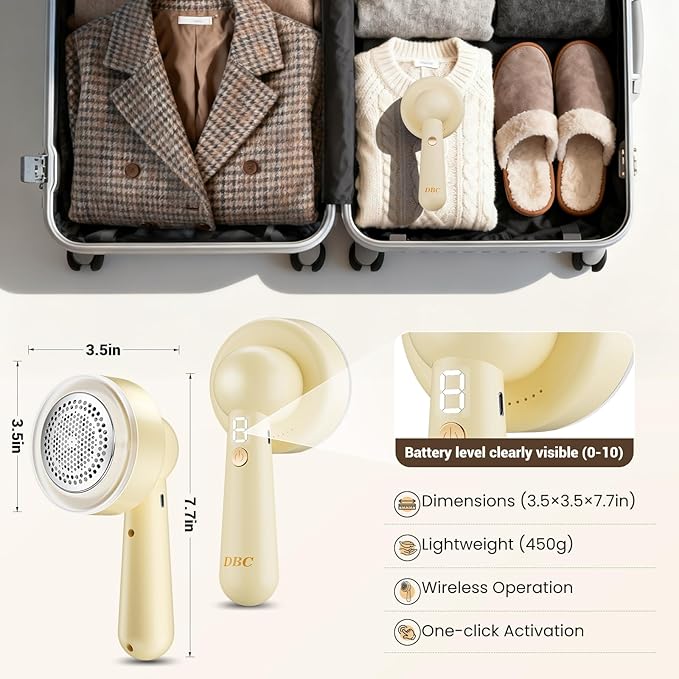 DBC Fabric Shaver and Lint Remover, Sweater Defuzzer with 3-Speeds, 2 Replaceable Stainless Steel Blades, Remove Fuzz Balls and Pills on Clothes, Sweater