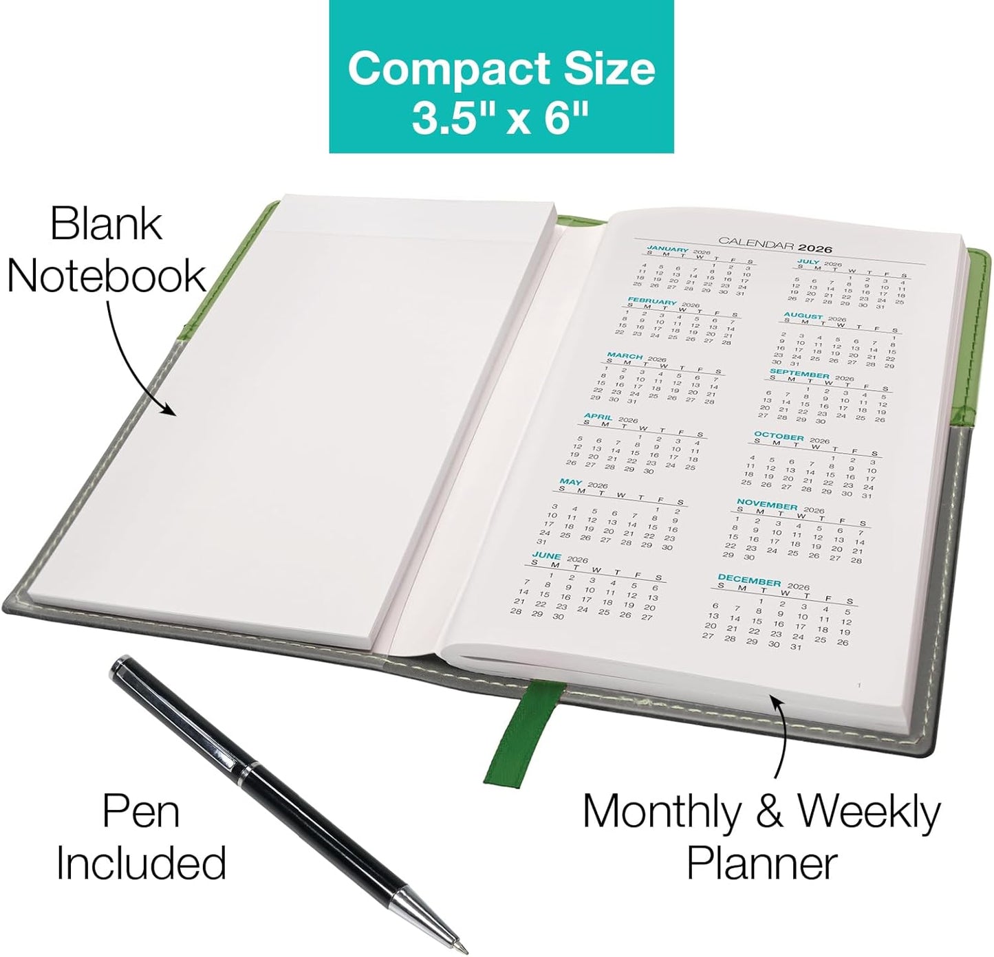 2026 Pocket Planner/Pocket Calendar and Pen, 3.5"x6": Includes 14 Months (November 2025 - December 2026) / 2026 Weekly Planner/Weekly Agenda/Monthly Calendar Organizer (Green/Black)