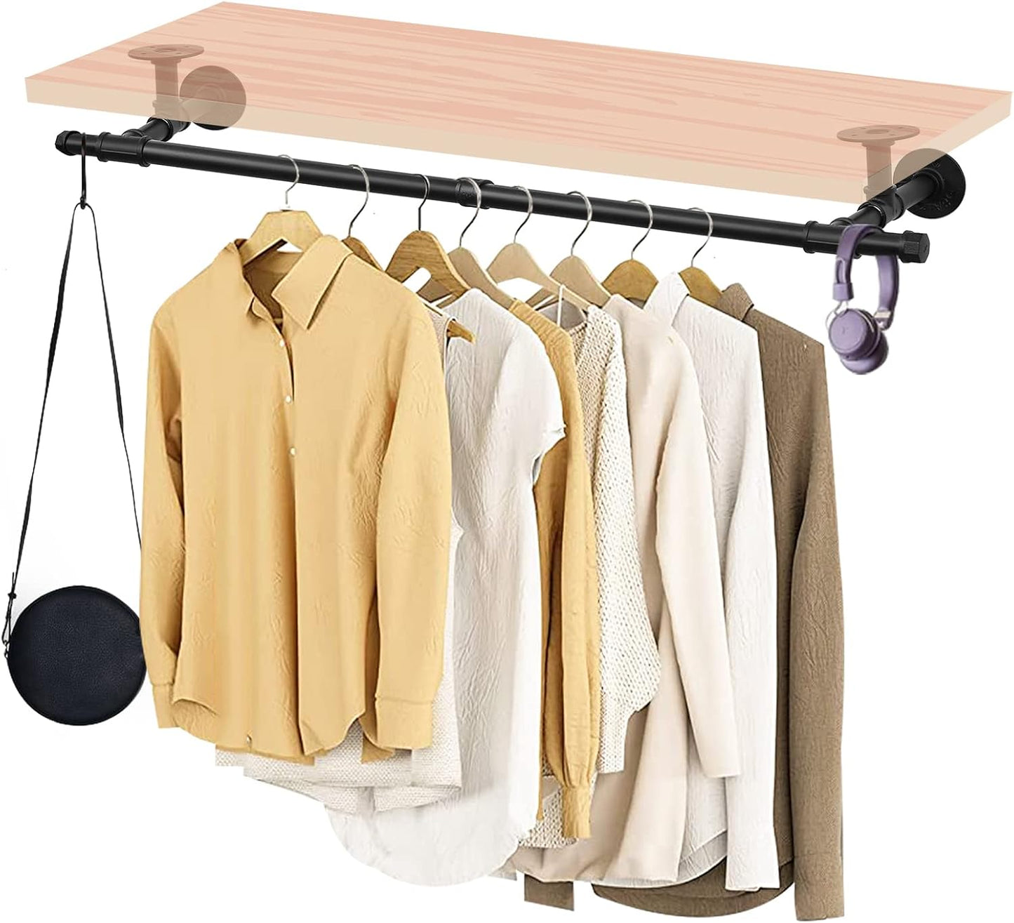 48'' Wall Mounted Clothes Rack Iron Industrial Pipe Clothes Rod with Top Shelf Pipe Rack (Wood Plank Not Included)