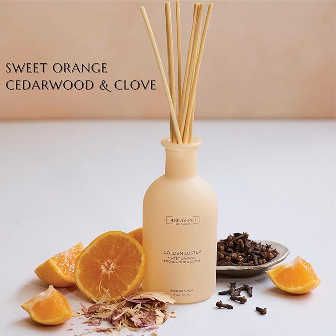 Benevolence LA Reed Diffuser - Orange, Cedarwood & Clove | Fall Home Fragrance Diffuser for Home & Bathroom | Long-Lasting Scent Sticks - Malibu Sands Collection